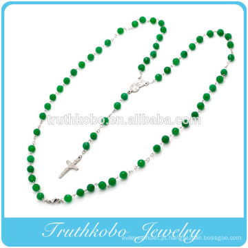2014 religiosa mais recente projeto de plástico 8mm colar de corrente do grânulo verde com aço inoxidável mãe Mary e Jesus cruz charme desig